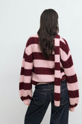 Chunky knitted cardigan - Wine/stripe