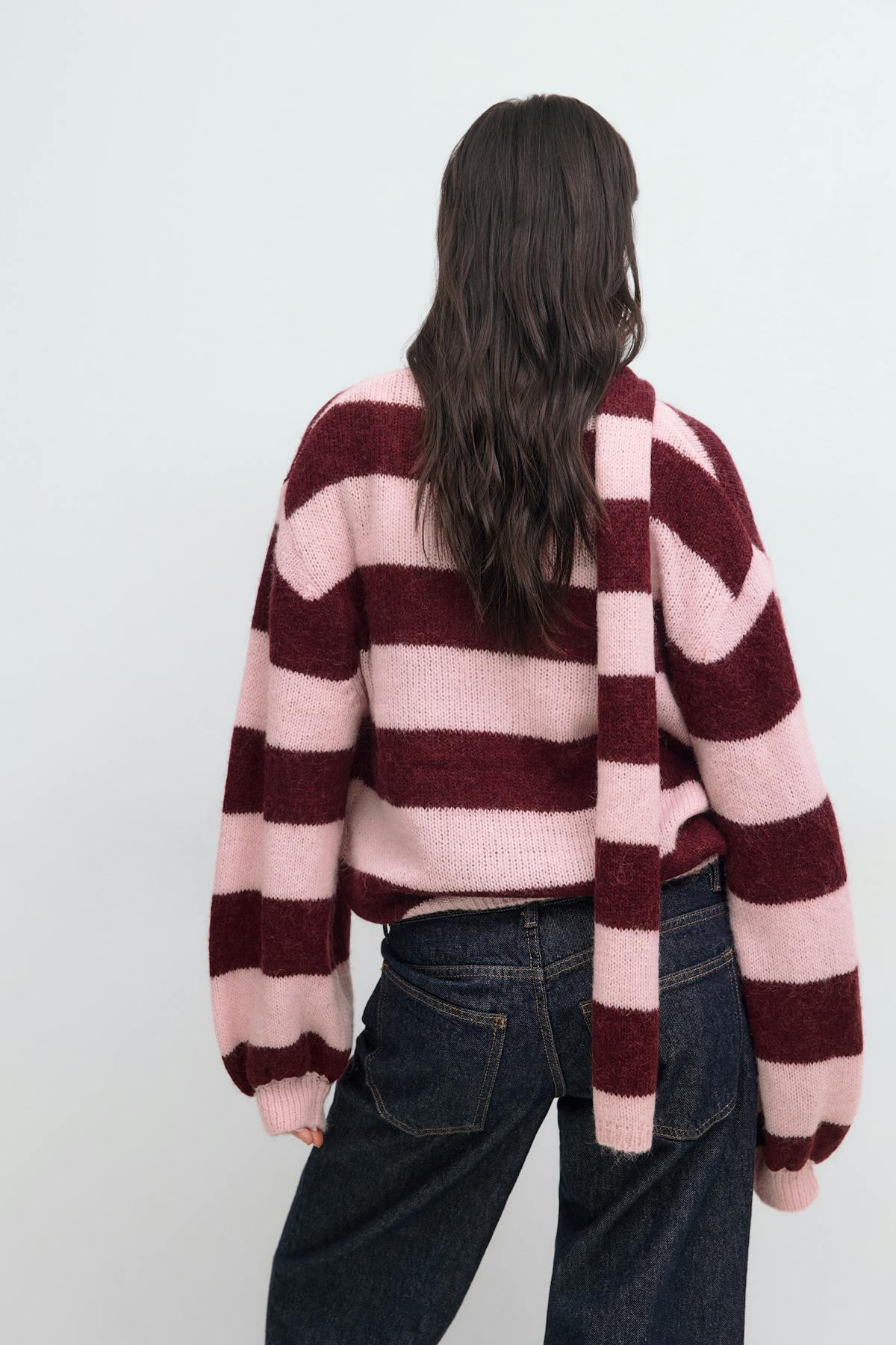 Chunky knitted cardigan - Wine/stripe