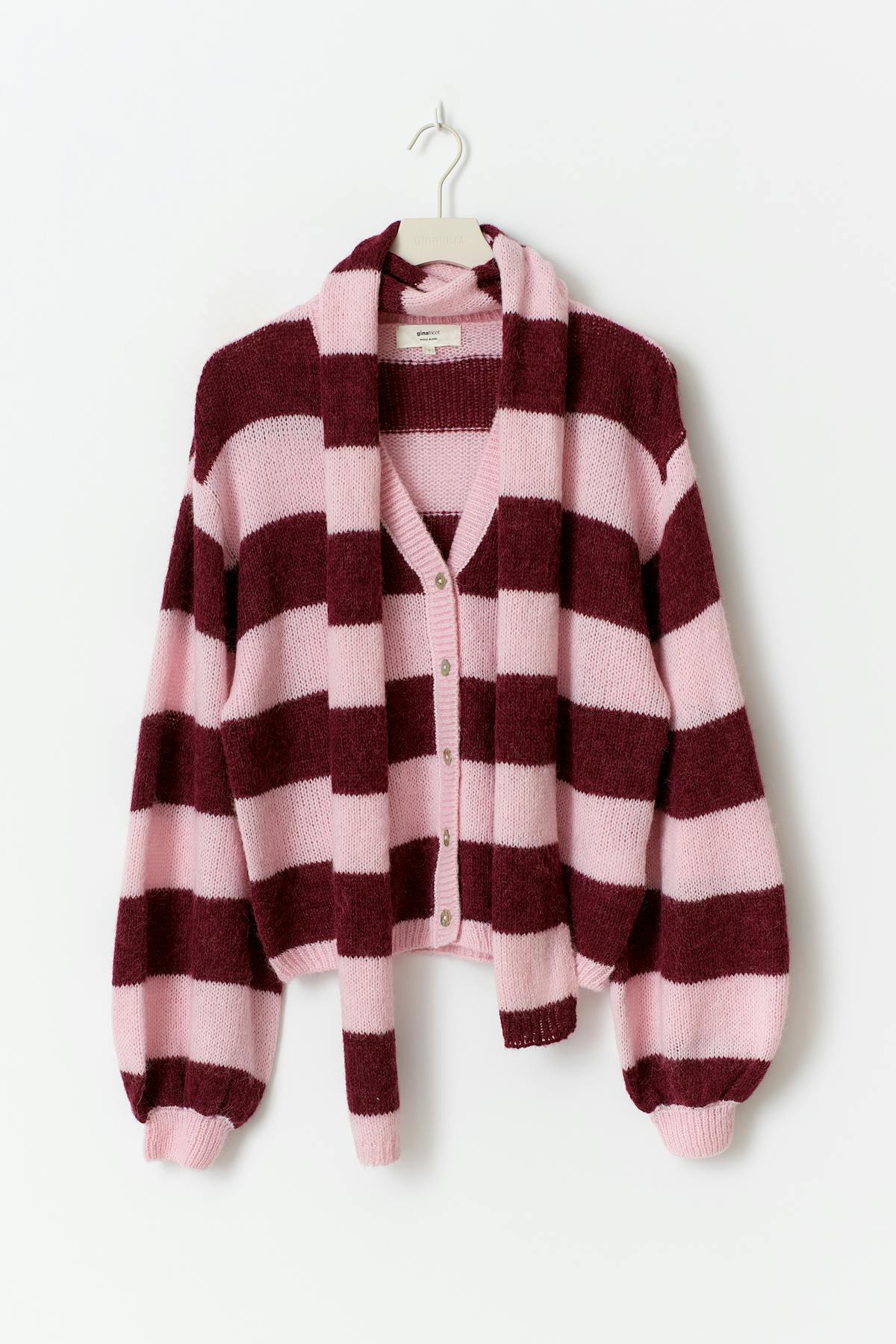 Chunky knitted cardigan - Wine/stripe