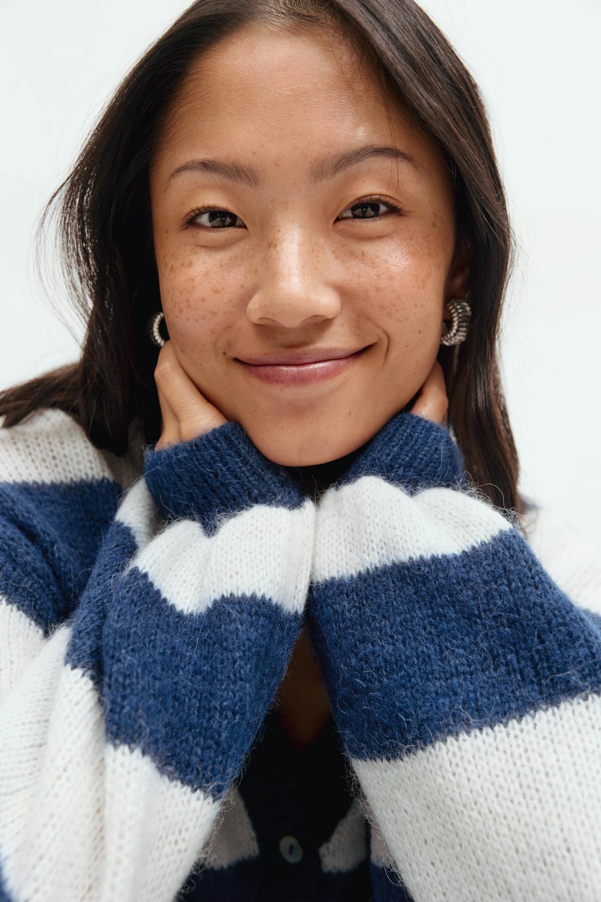 Chunky knitted cardigan - Blue/white