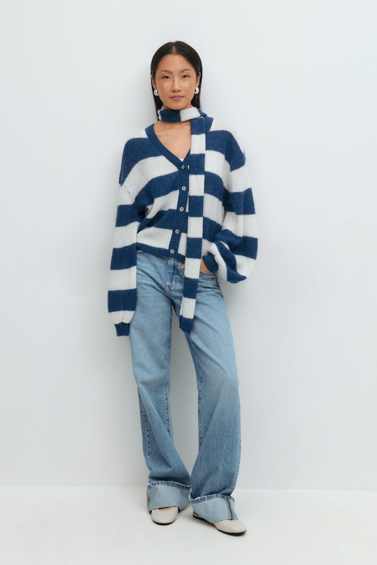 Chunky knitted cardigan - Blue/white
