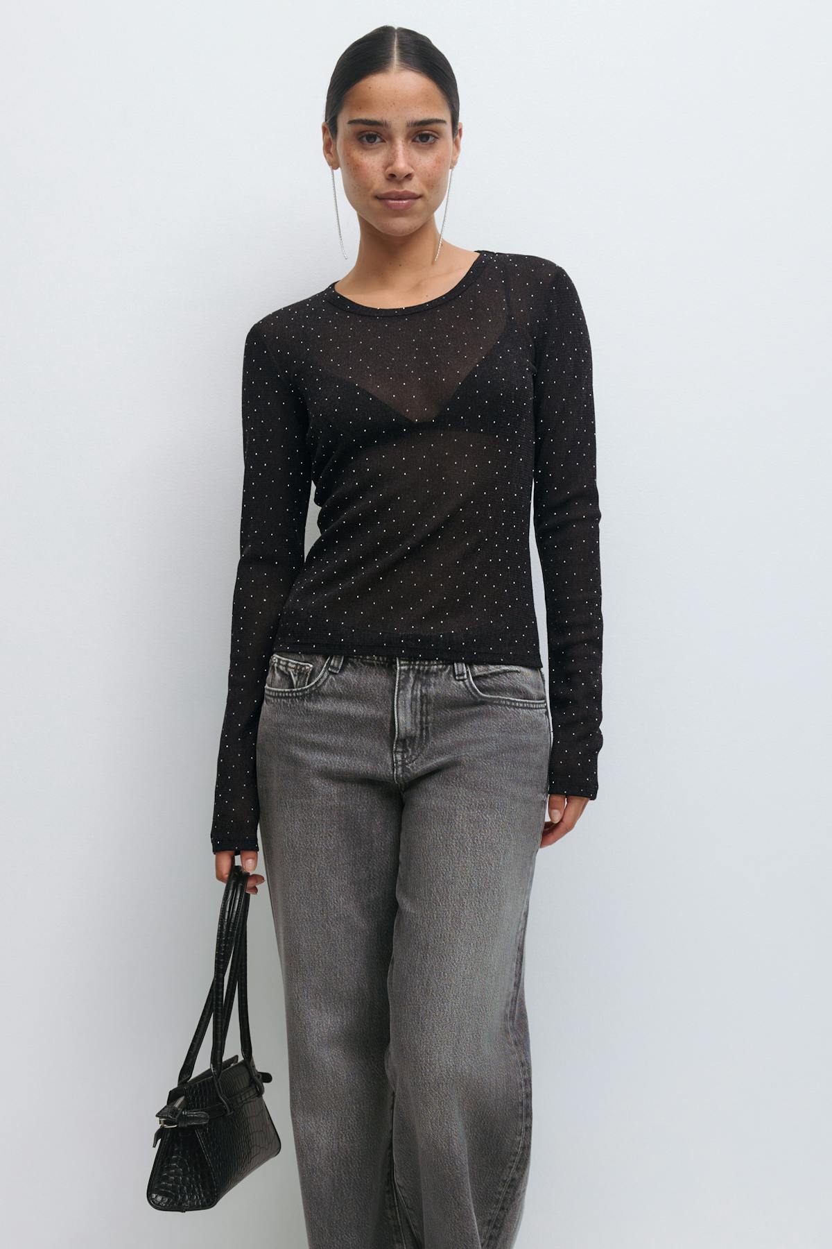 Rhinestone sheer top - Stone