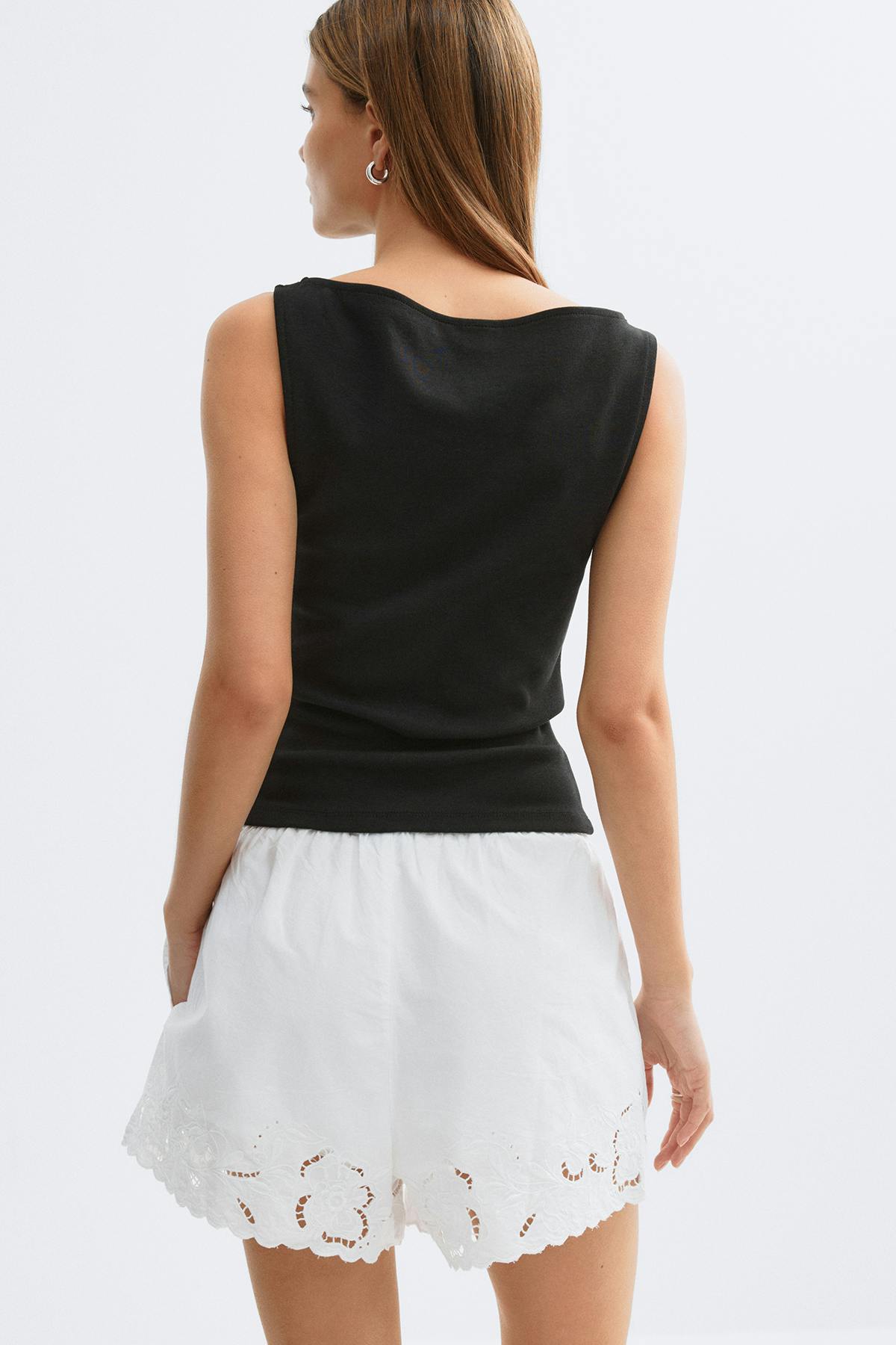 Embroidery poplin shorts - Blanc