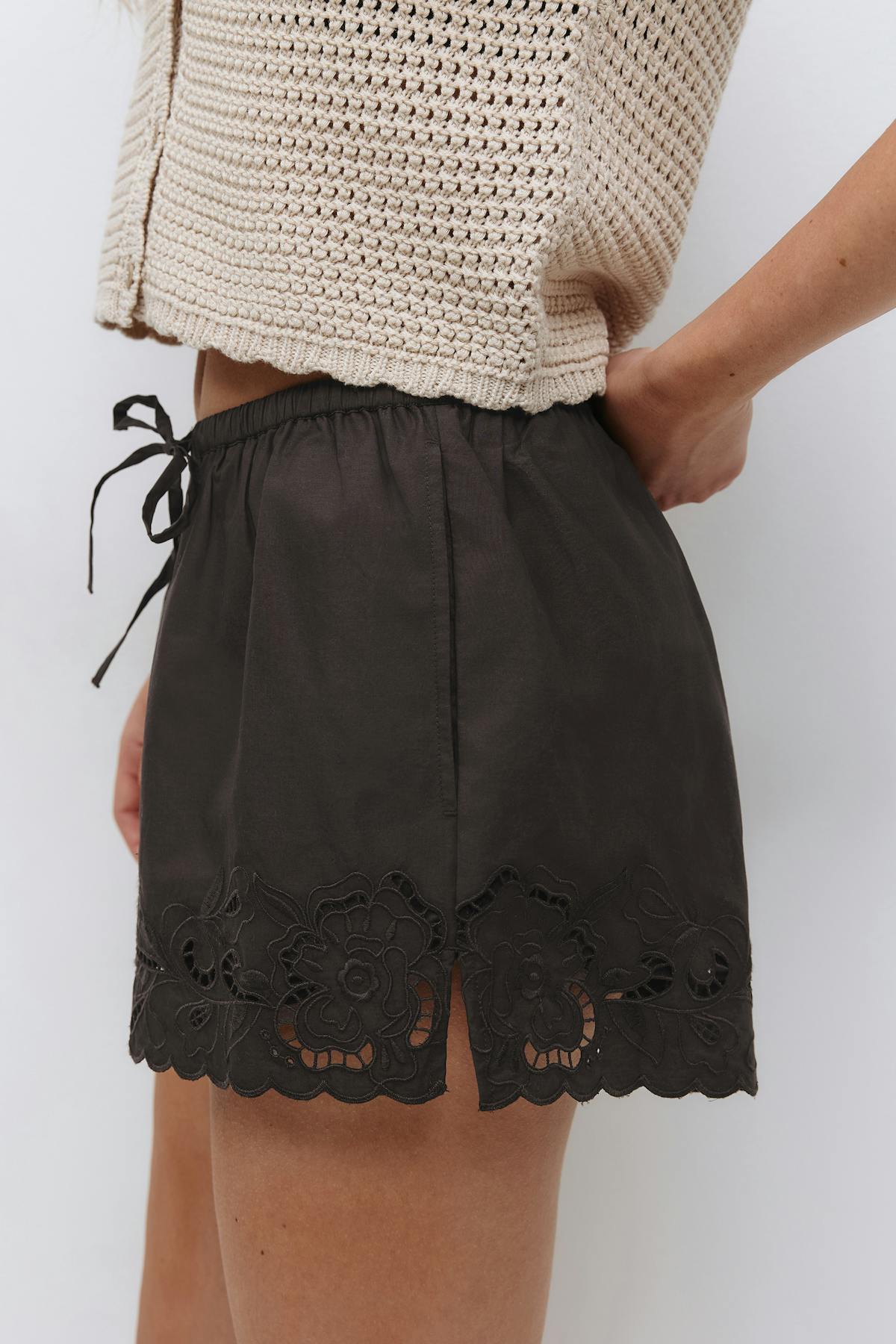 Embroidery poplin shorts - Marron foncé