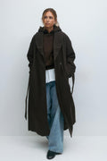 Shawl collar long coat - Marron foncé