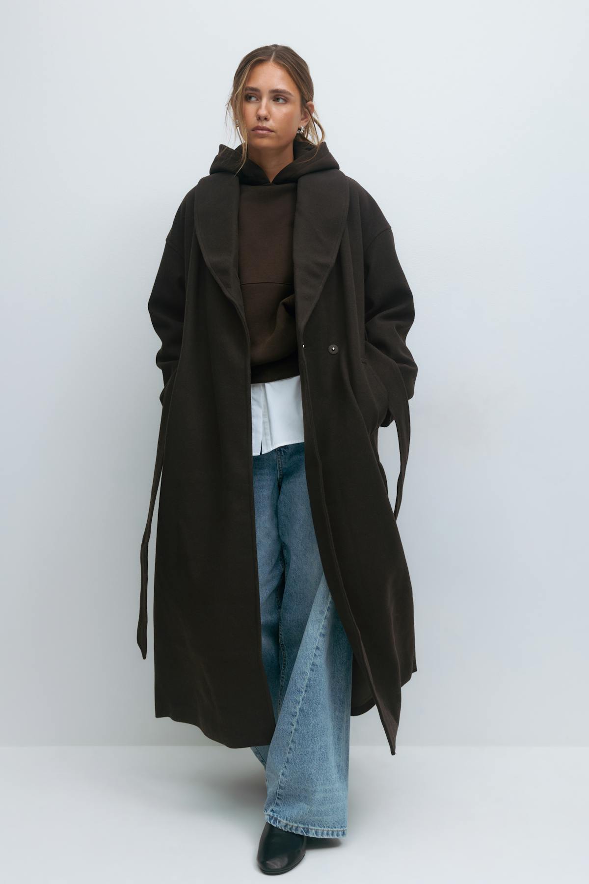 Shawl collar long coat - Marron foncé