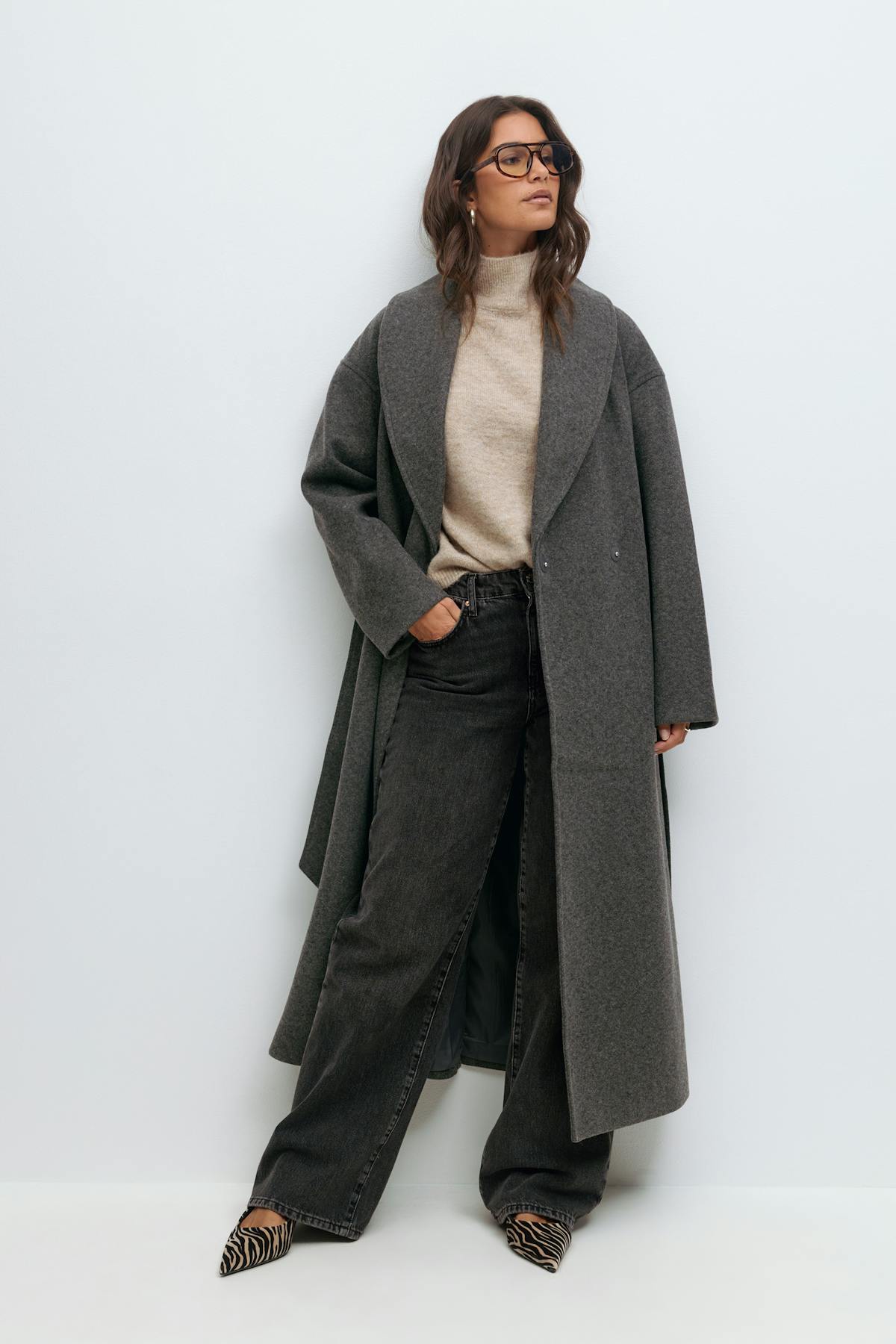 Shawl collar long coat - Noir