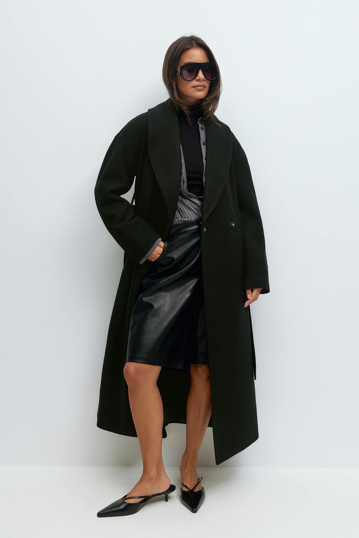 Shawl collar long coat - Marron foncé