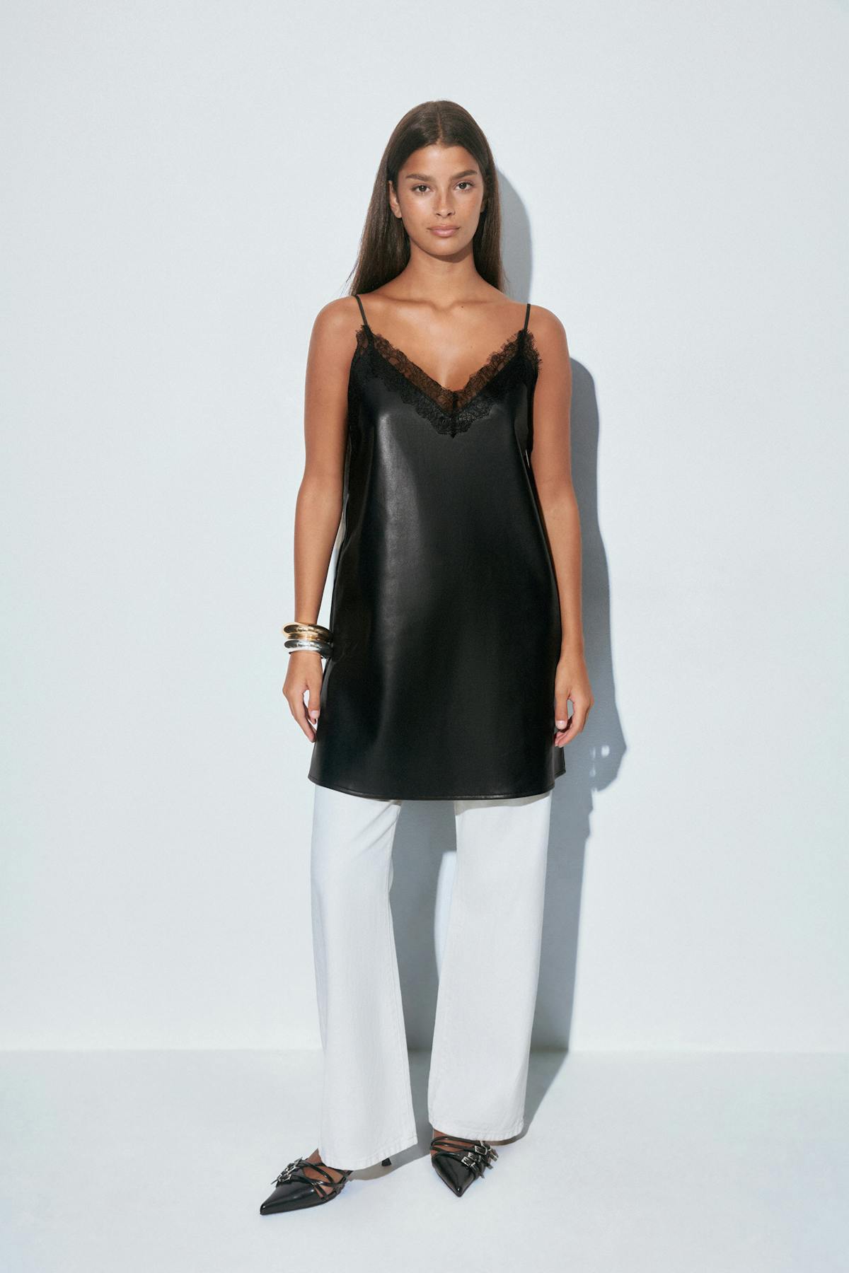 Lace detail pu dress - Noir