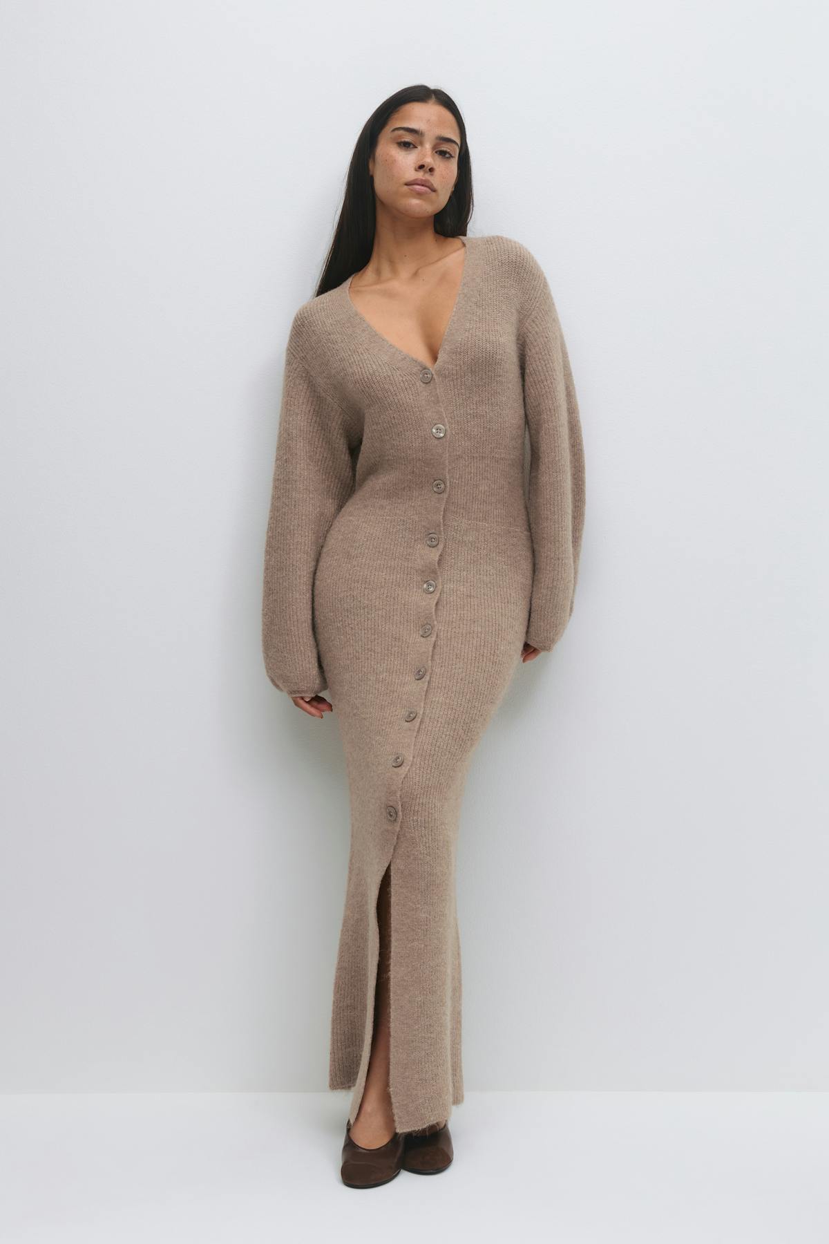knitted button down dress - Dk grey melange