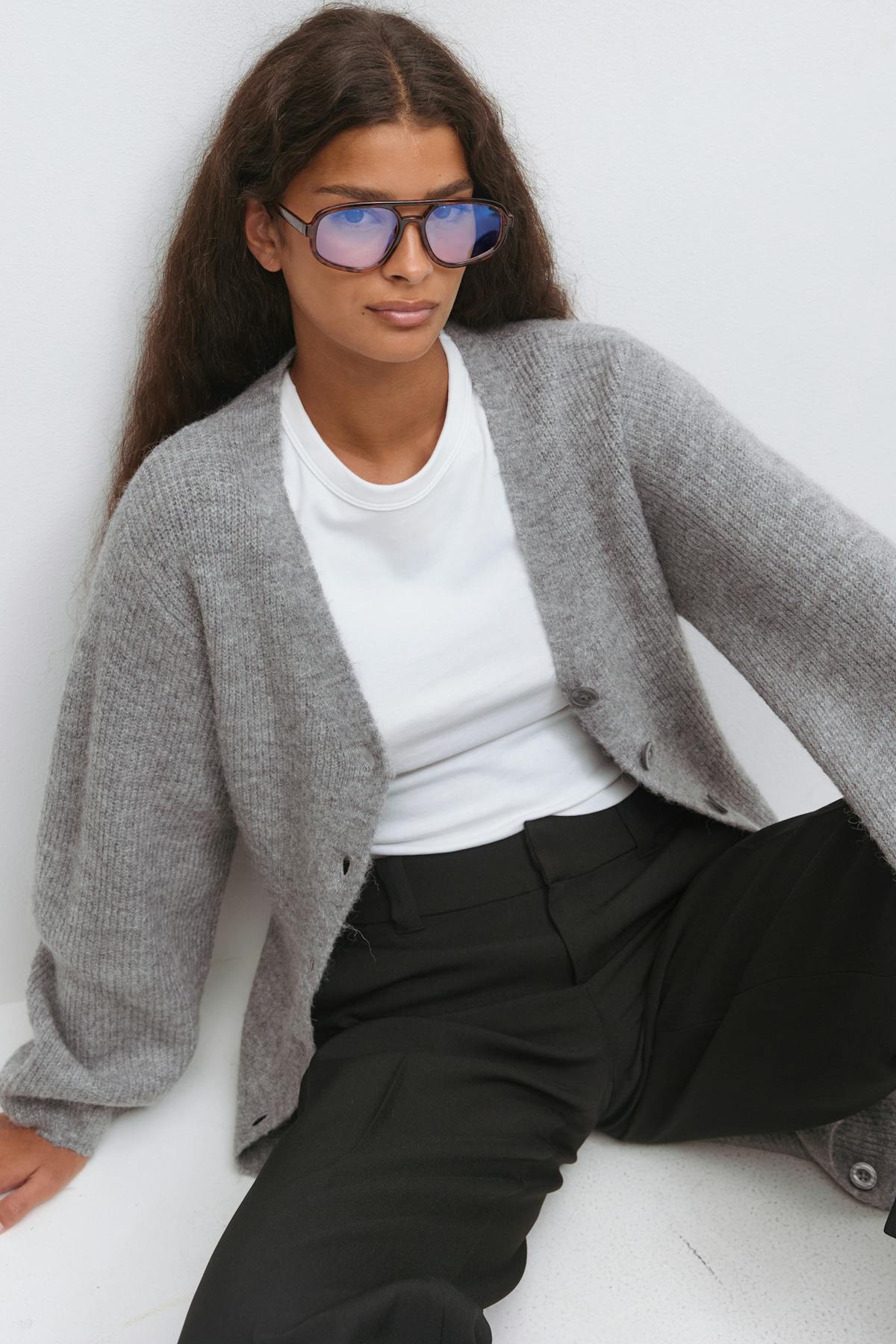 knitted button down dress - Dk grey melange