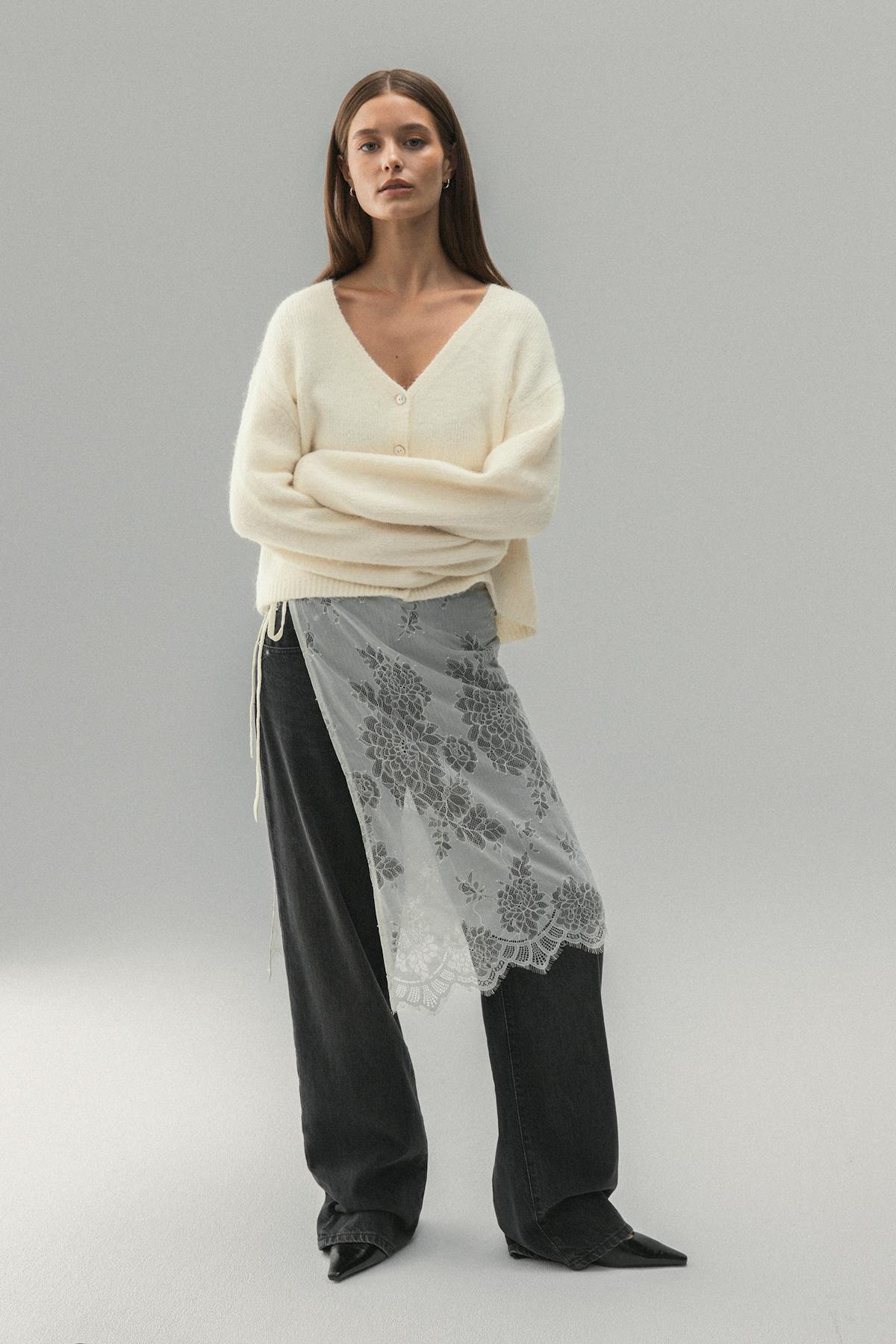 V-neck knitted cardigan - Lt grey melange