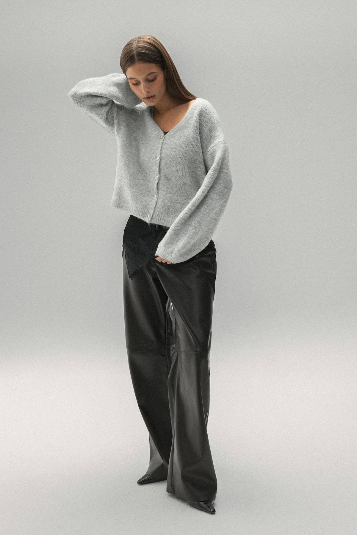 V-neck knitted cardigan - Lt grey melange