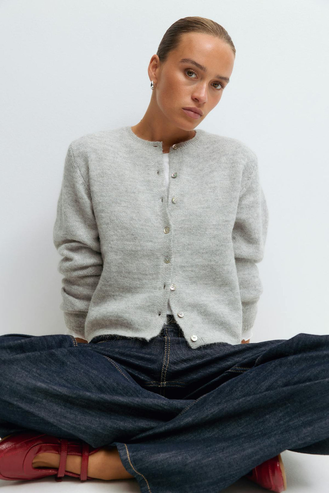 Alpaca blend knitted cardigan - Lt grey melange
