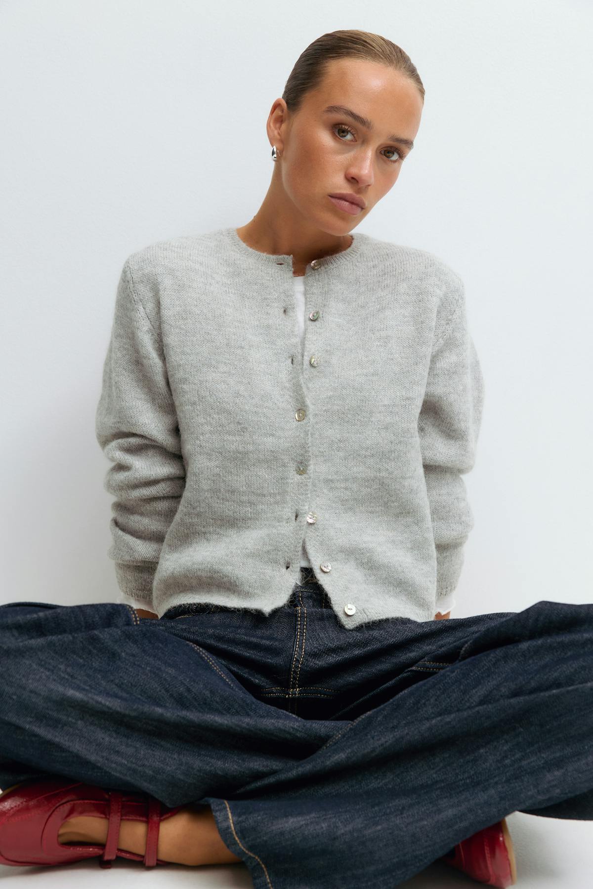 Alpaca blend knitted cardigan - Lt grey melange
