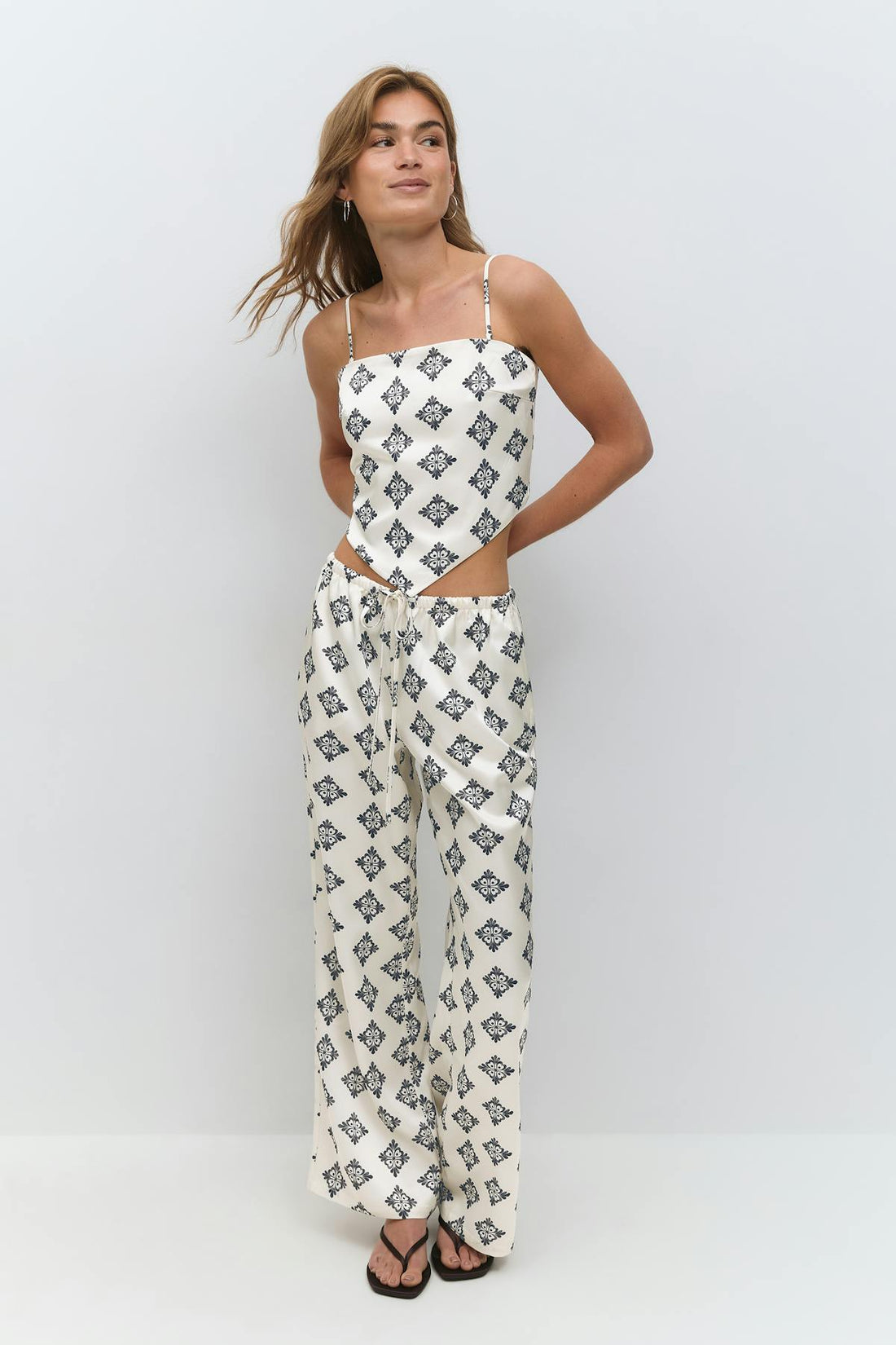 Drawstring satin trousers - Crème