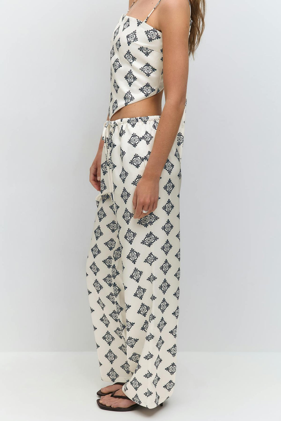 Drawstring satin trousers - Crème