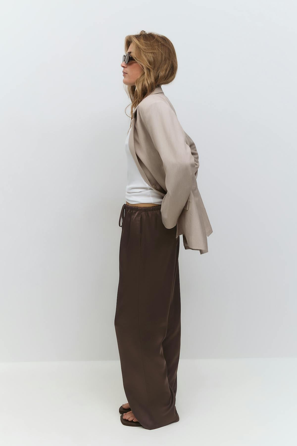 Drawstring satin trousers - Crème