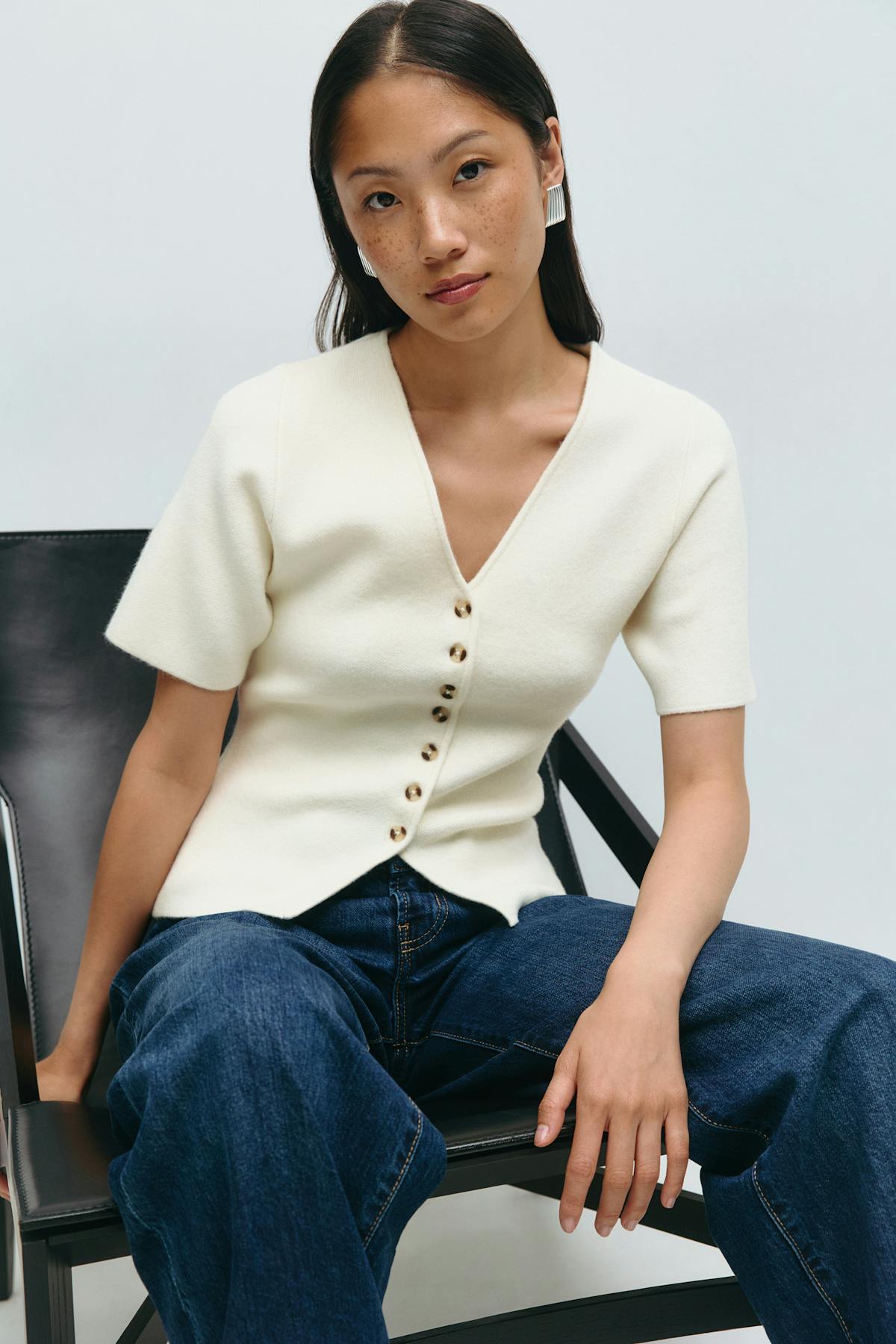 Knitted short sleeve cardigan - Noir