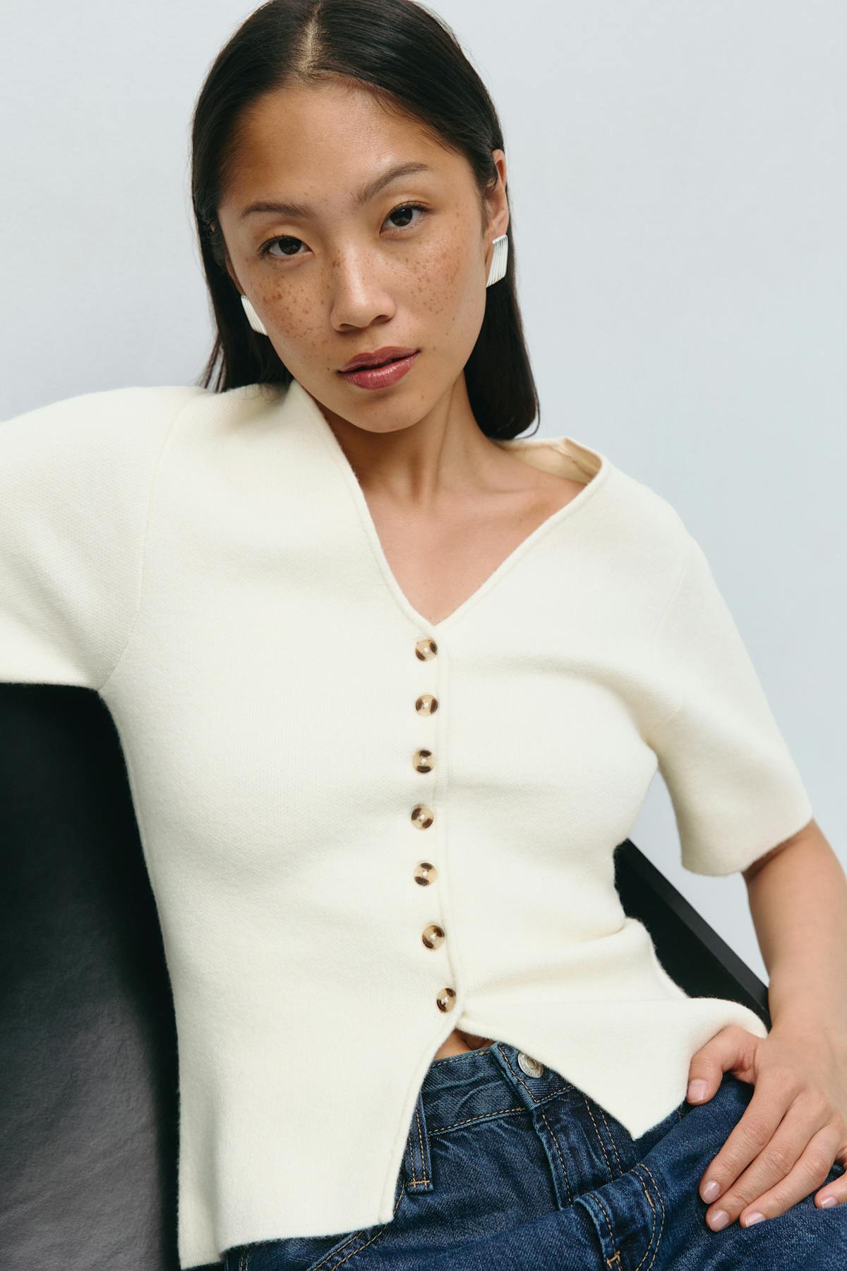 Knitted short sleeve cardigan - Gardenia