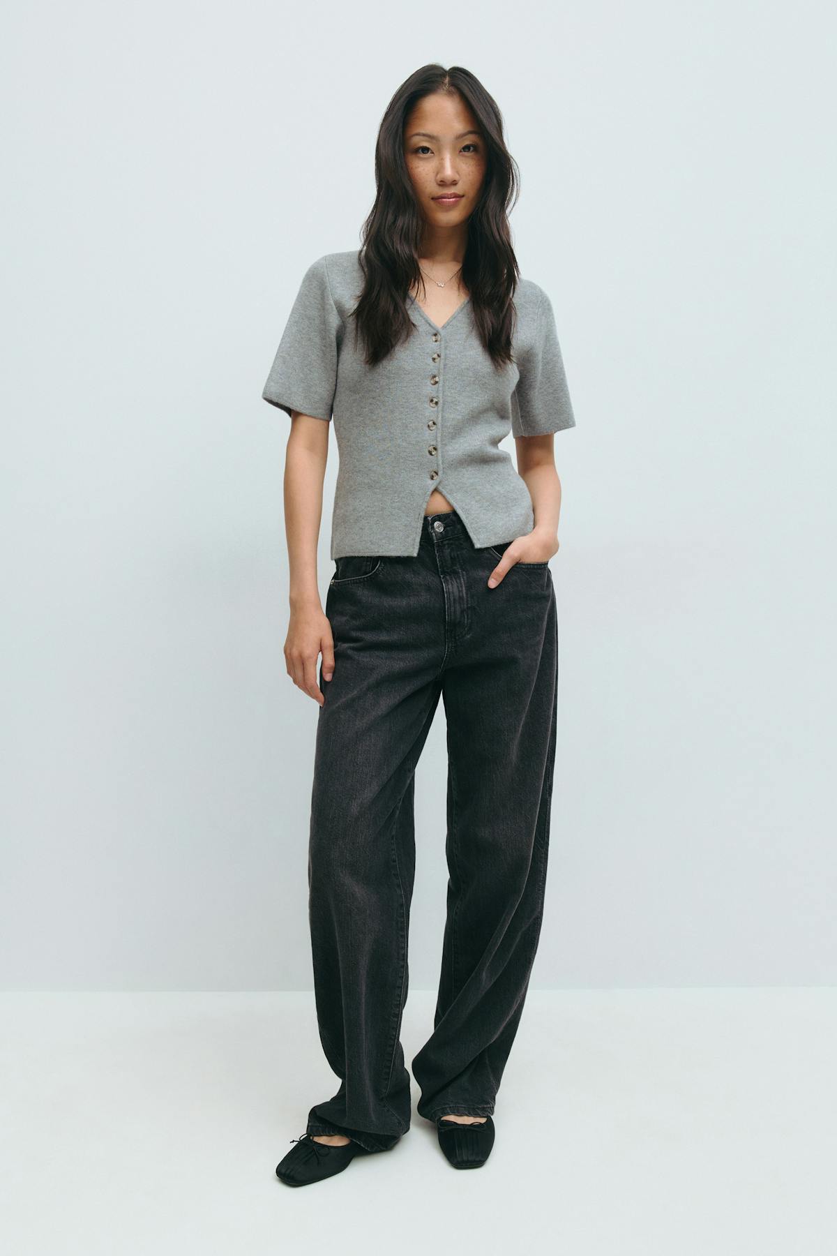 Knitted short sleeve cardigan - Mid grey mel