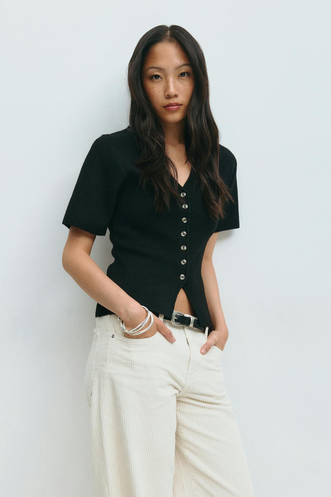Knitted short sleeve cardigan - Noir
