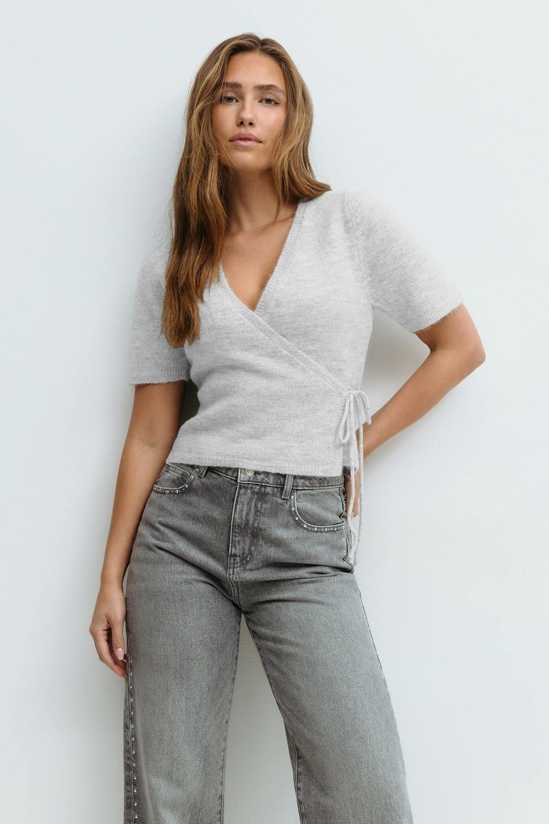 Knitted wrap top - Lt grey melange