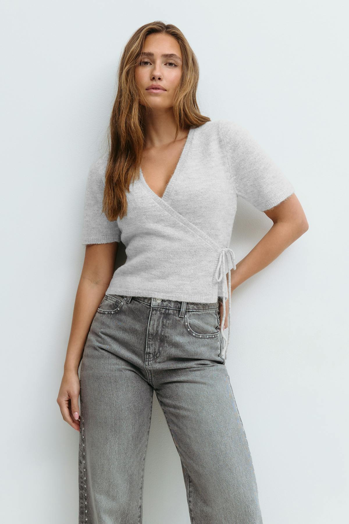 Knitted wrap top - Lt grey melange