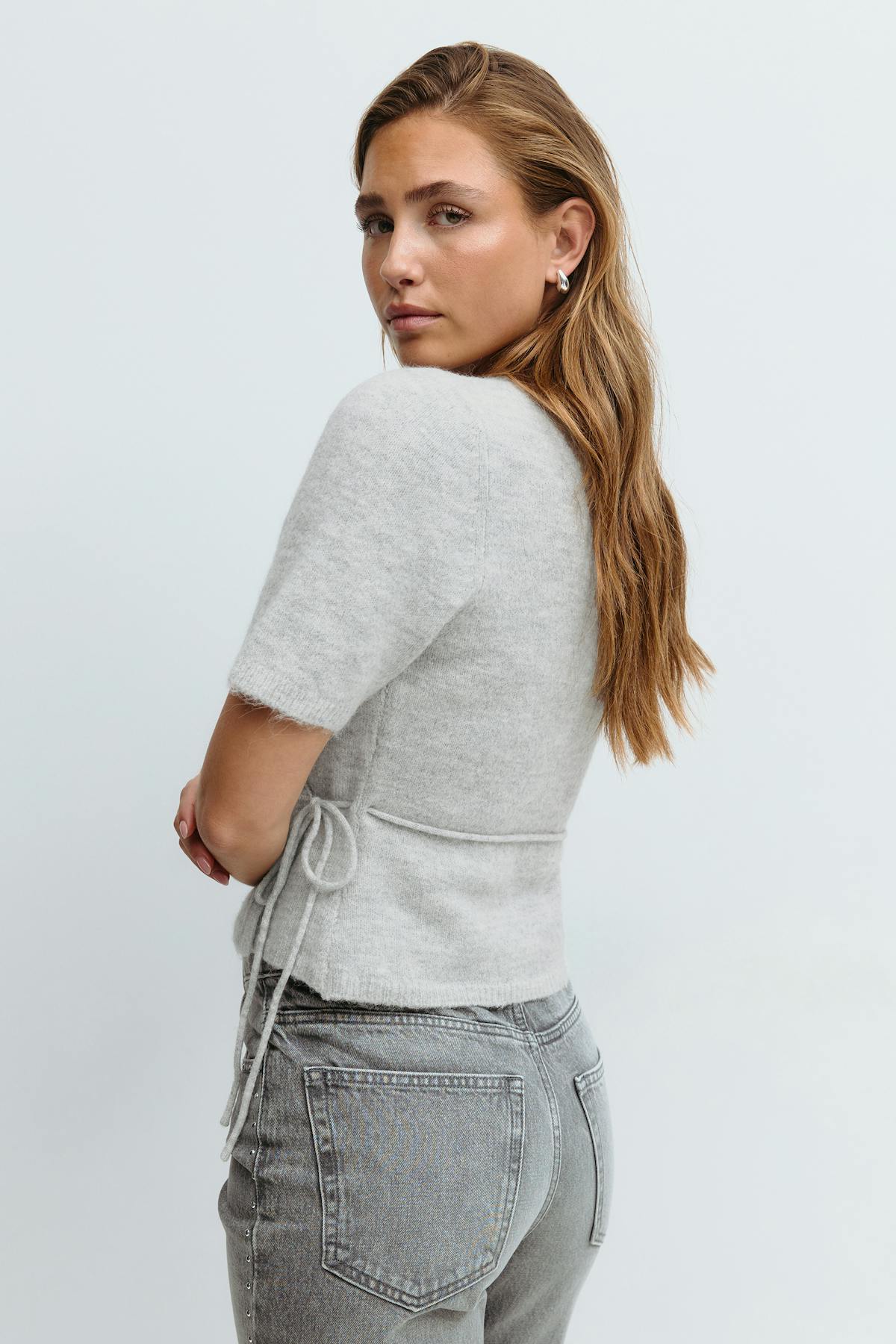 Knitted wrap top - Lt grey melange