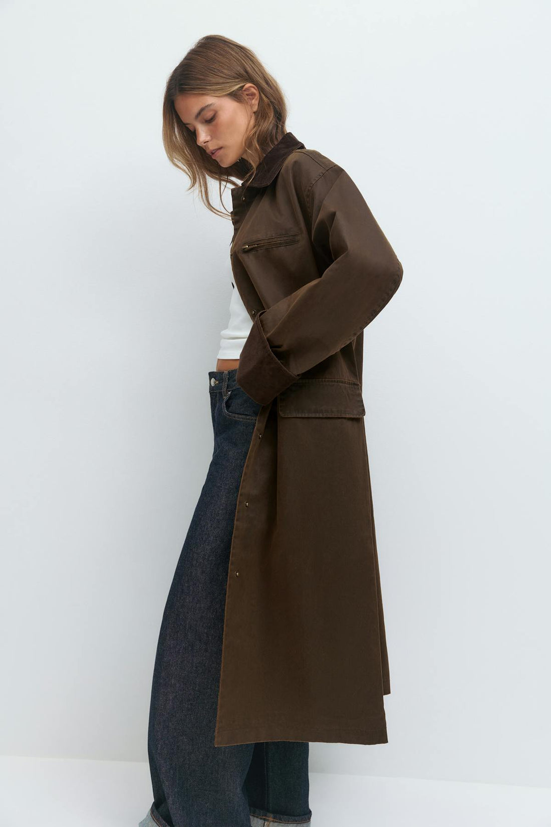 Waxed effect long jacket - Marron foncé