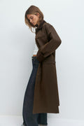 Waxed effect long jacket - Marron foncé