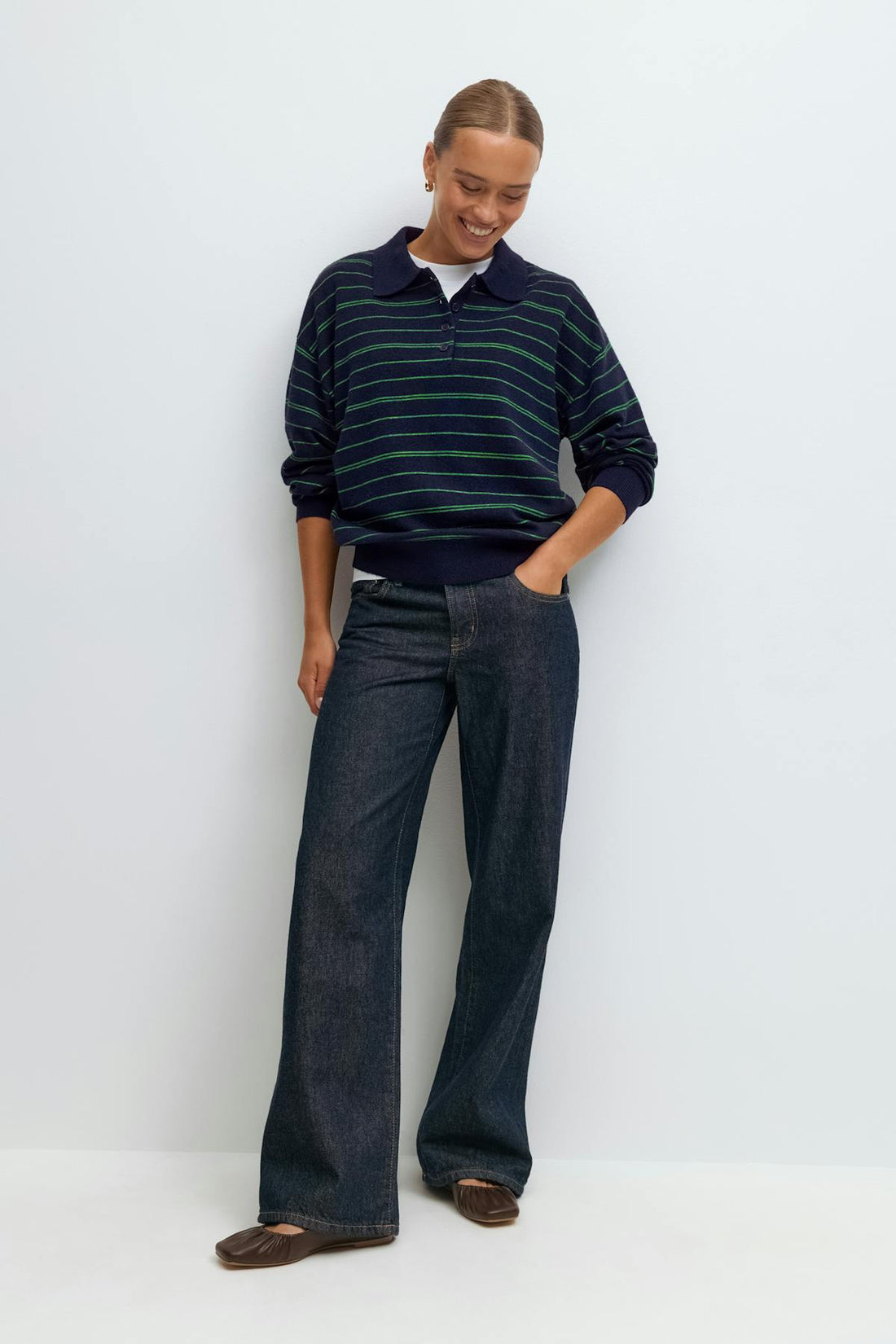 Striped collar knitted sweater - Navy/stripe