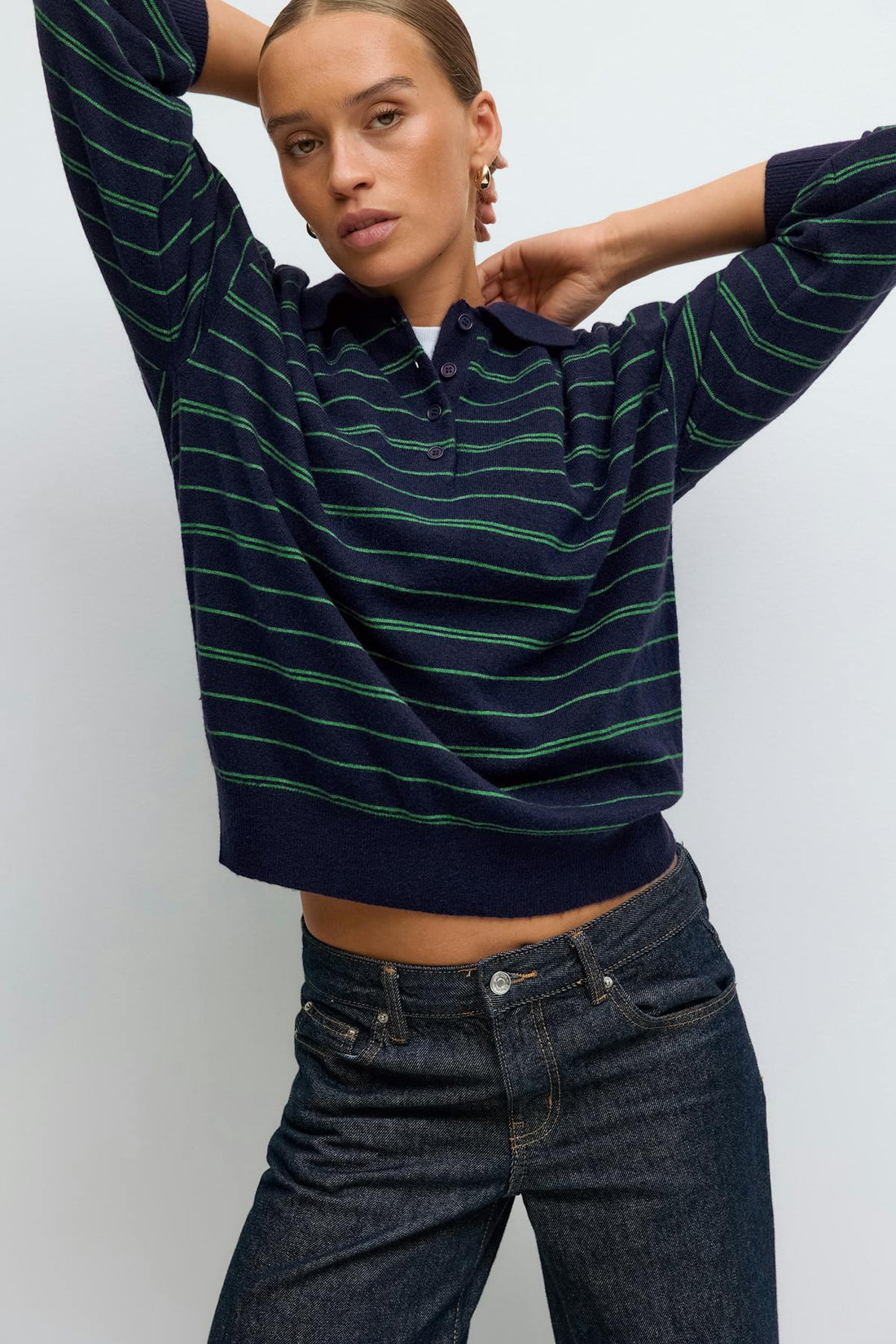 Striped collar knitted sweater - Navy/stripe