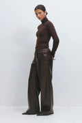 Wide drawstring pu trousers - Marron foncé
