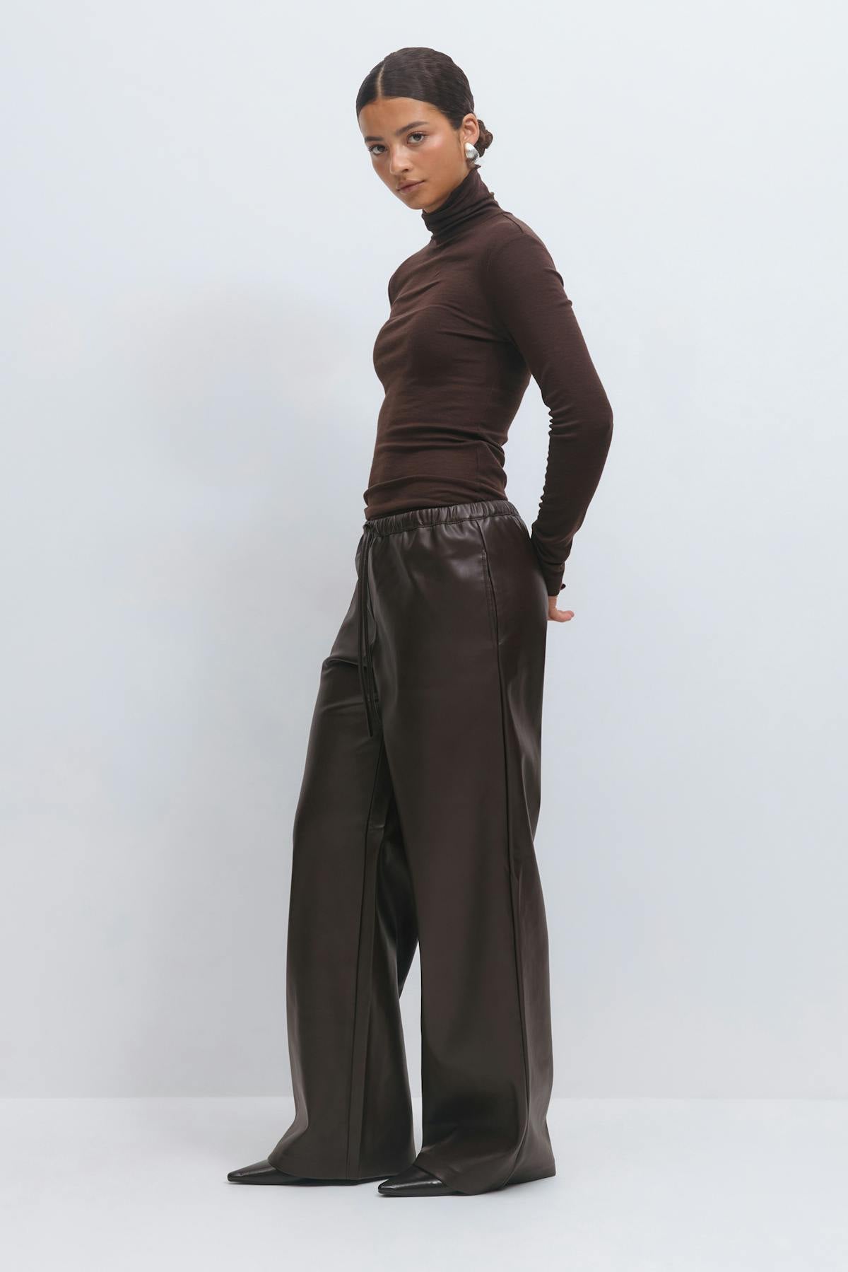 Wide drawstring pu trousers - Marron foncé