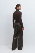 Wide drawstring pu trousers - Marron foncé