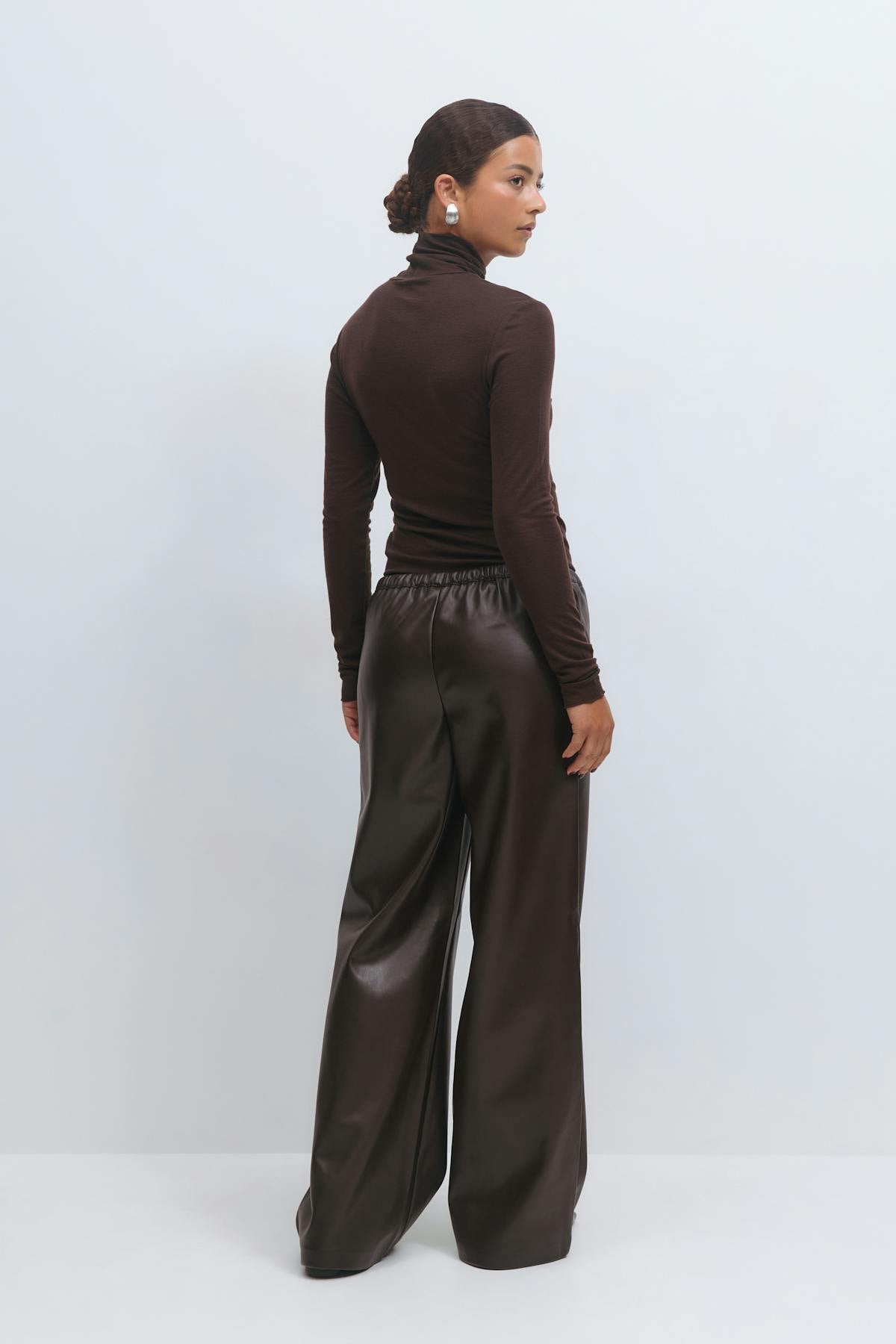 Wide drawstring pu trousers - Marron foncé