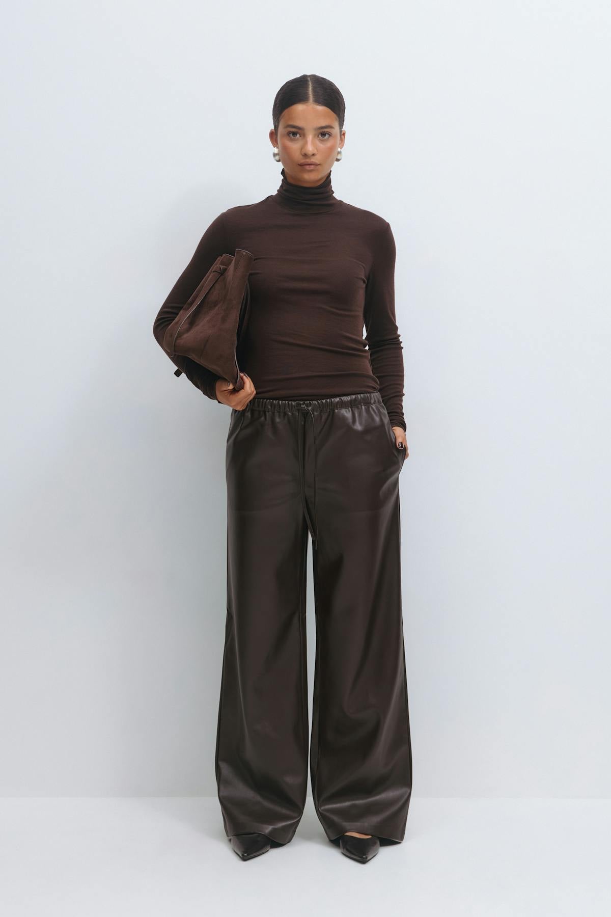 Wide drawstring pu trousers - Noir