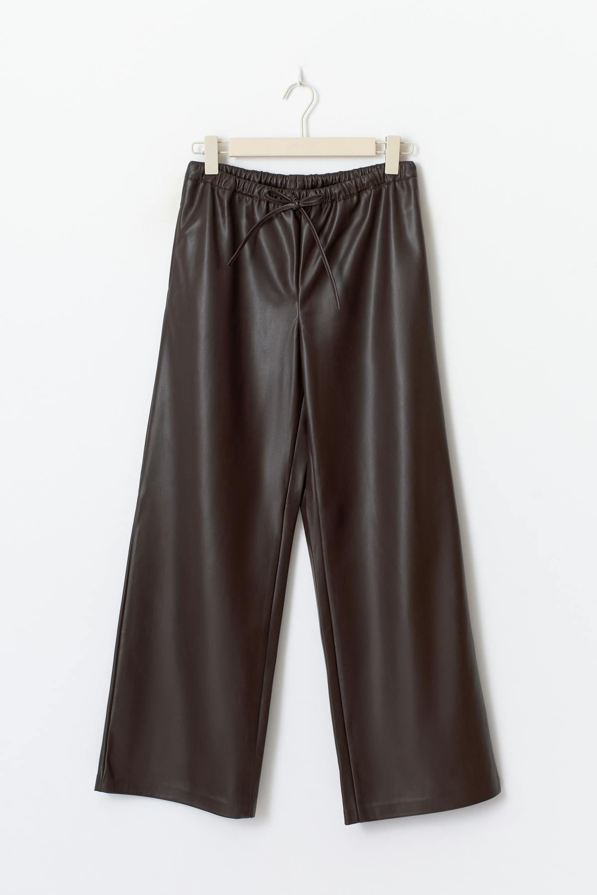 Wide drawstring pu trousers - Marron foncé