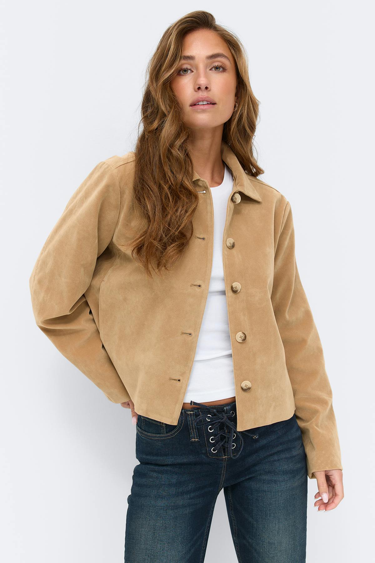 Faux suede short jacket - Marron foncé