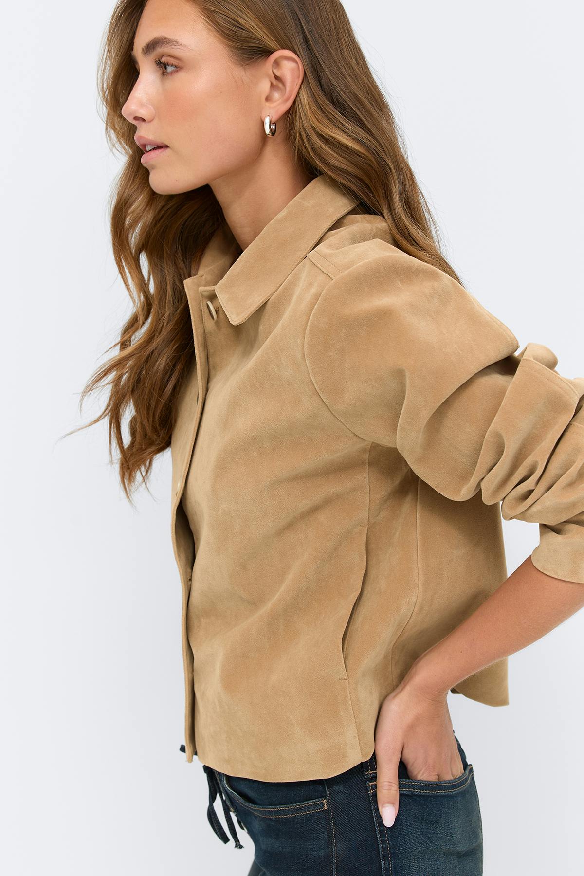 Faux suede short jacket - Marron foncé