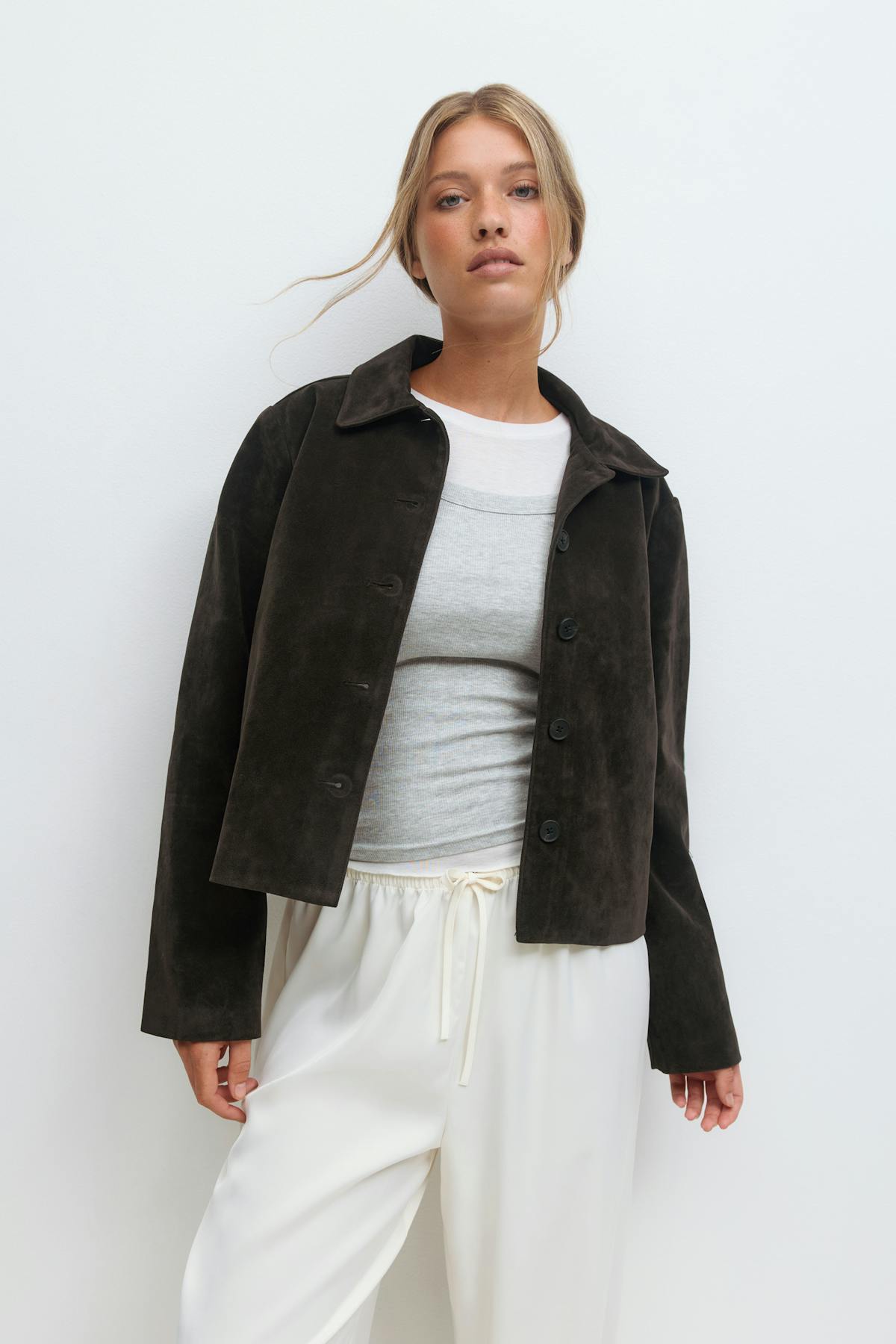 Faux suede short jacket - Beige clair