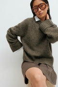 Folded sleeve knitted sweater - Brown melange