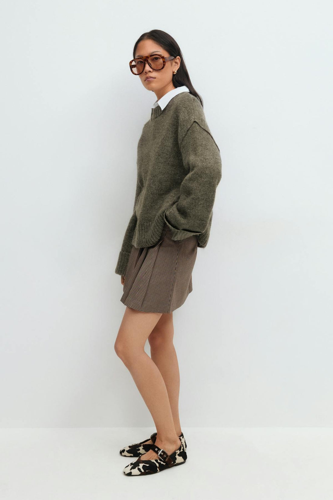 Folded sleeve knitted sweater - Brown melange