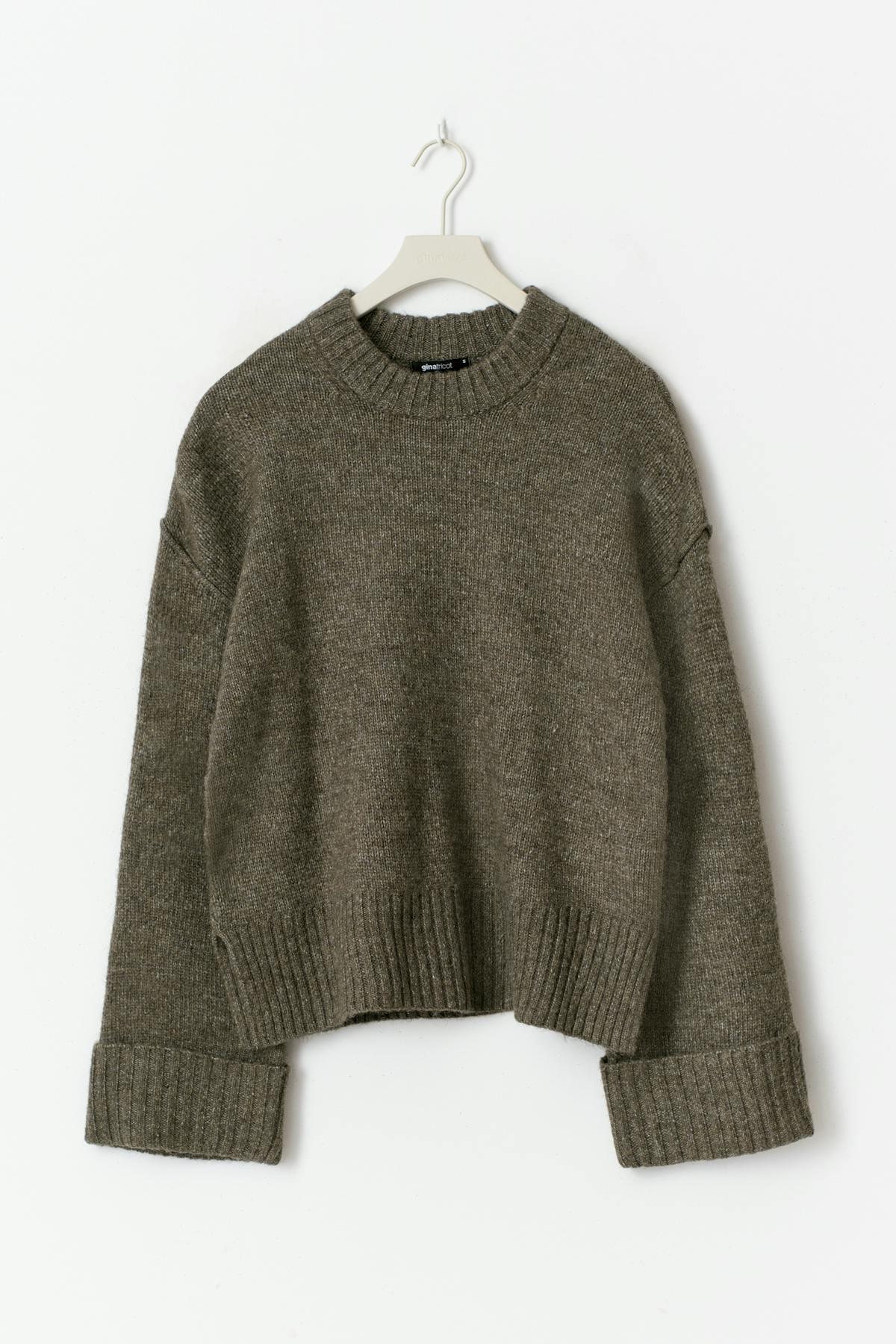 Folded sleeve knitted sweater - Brown melange