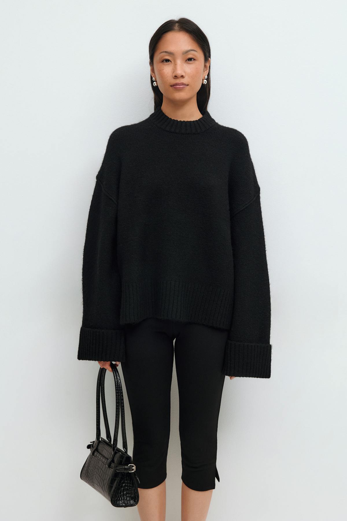 Folded sleeve knitted sweater - Noir