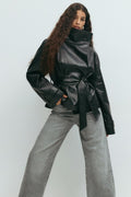 Short belted pu jacket - Noir