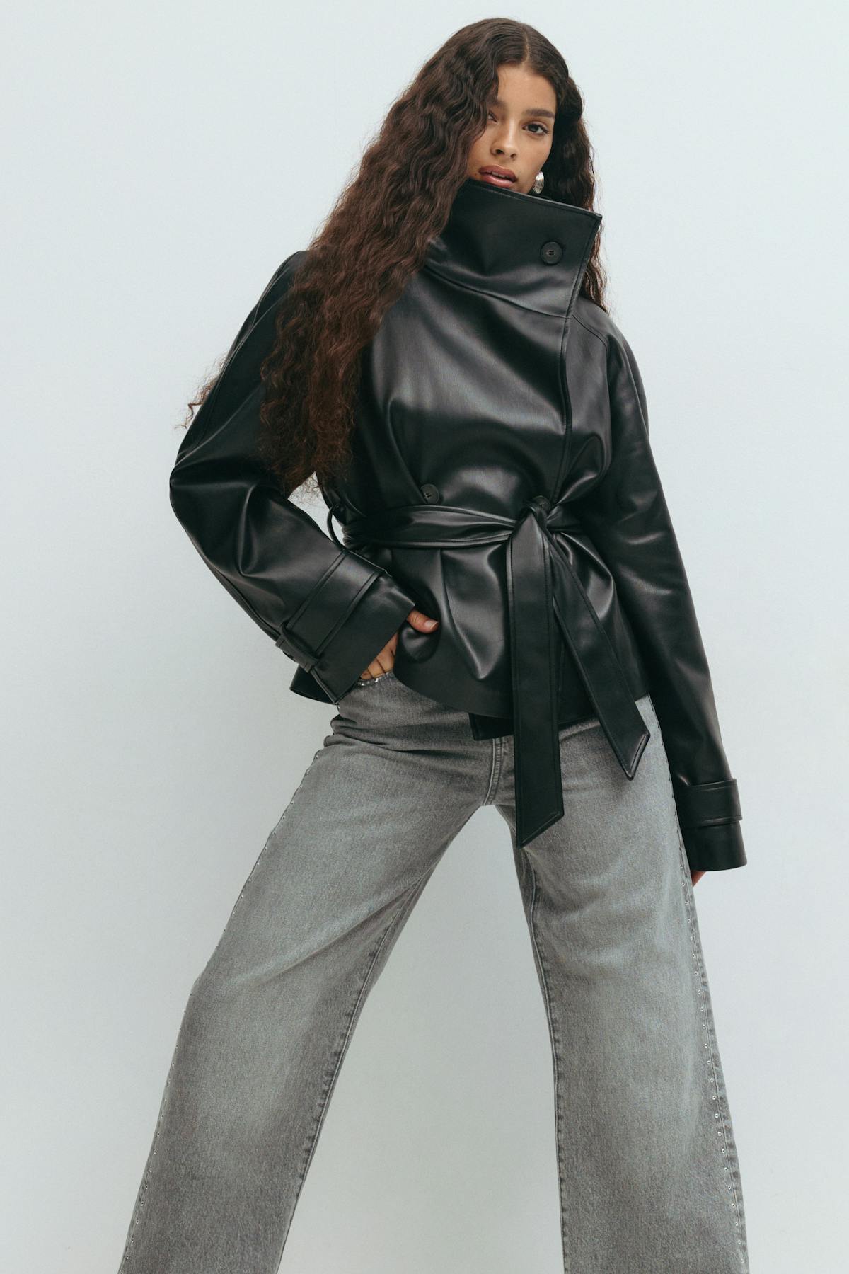 Short belted pu jacket - Noir