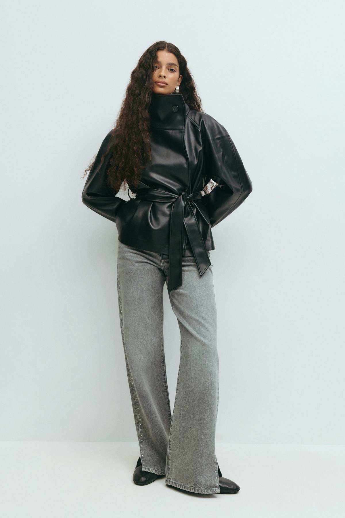Short belted pu jacket - Noir