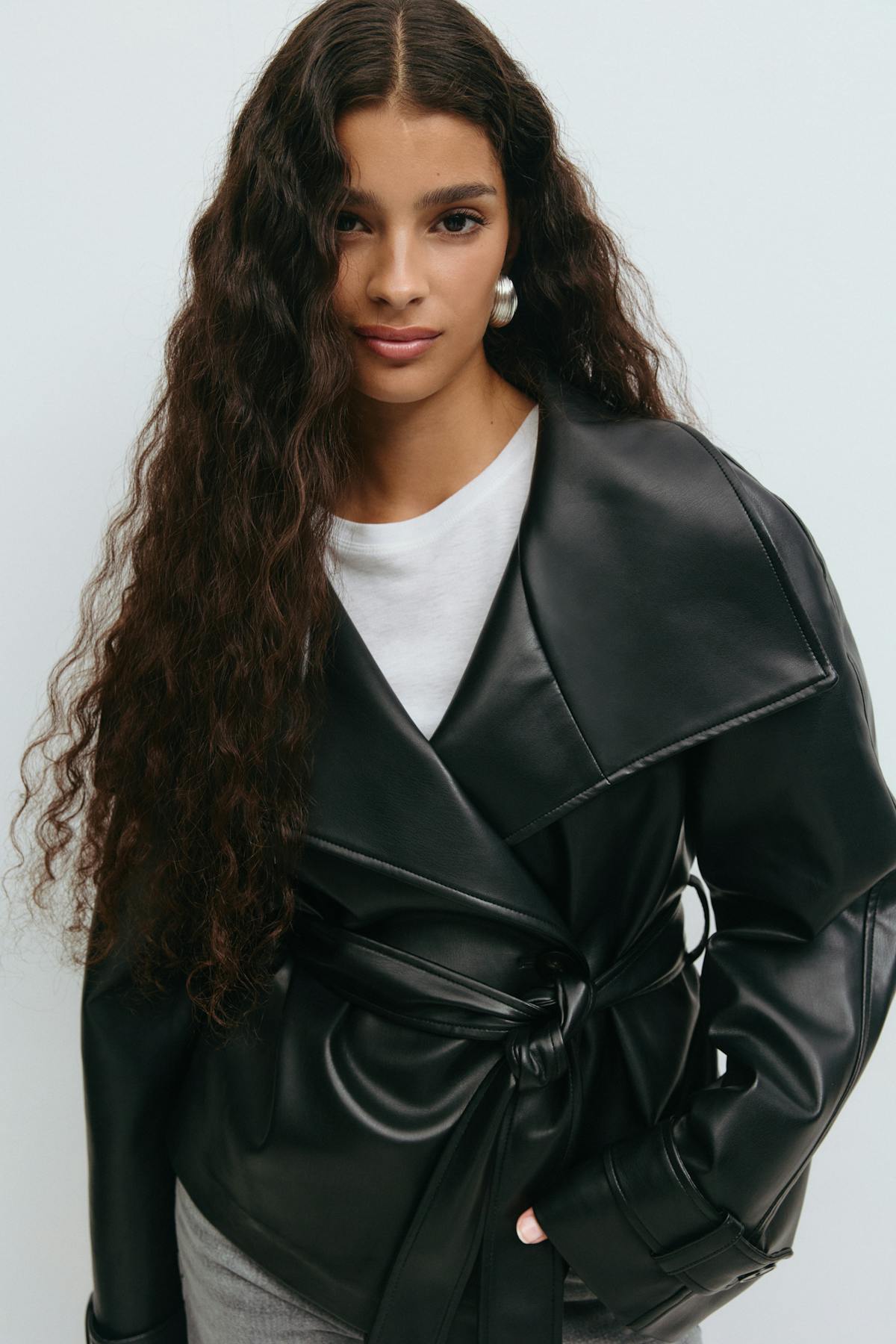 Short belted pu jacket - Noir